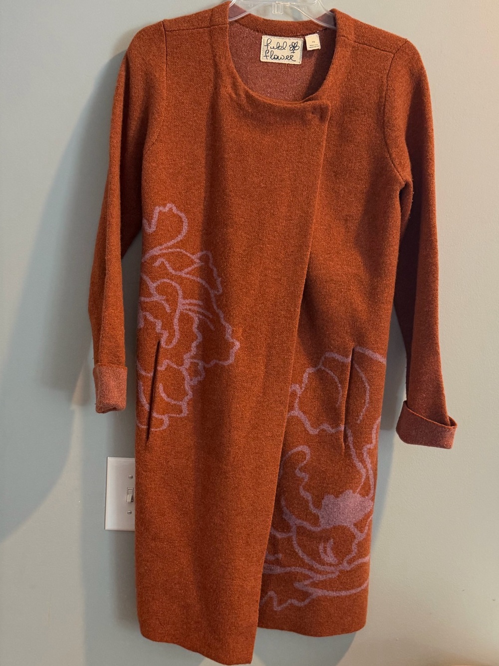 Anthropologie Field Flower Floral Intarsia Car Coat. Burnt Orange. Boiled Wool.